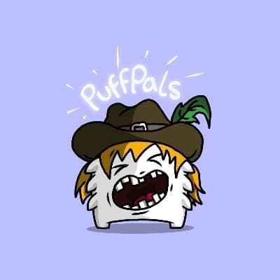 A PuffPal: a fluffball in a wide brown hat with a green feather, mouth wide open mid-yell.